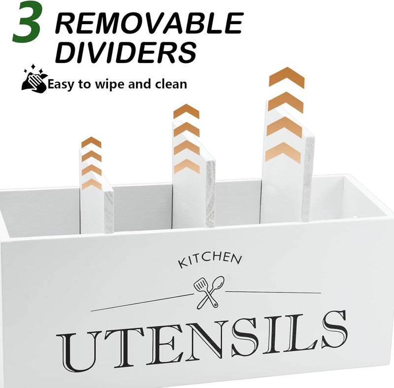 KJEC Kitchen Utensil Holder with 4 Compartments, Wooden Utensil Organizer for Countertop, Ideal for Storage and Organization, Rustic Cooking Utensil Kitchen Tool, White - Image 3
